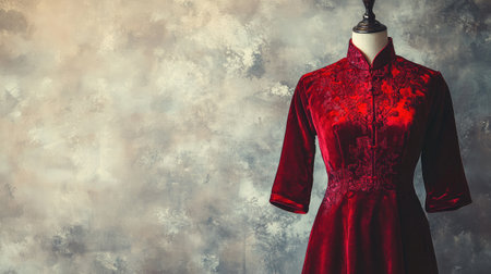 Discover the beauty of this elegant red velvet dress showcased on a mannequin against a textured backdrop, perfect for fashion photography and artistic displays.の素材