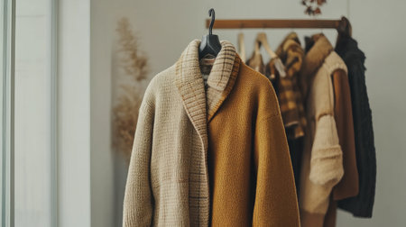 This image showcases a fashionable outerwear garment displayed on a hanger in a modern indoor setting, accentuated by complementary clothing accessories in the background.の素材