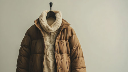 A stylish winter outfit featuring a brown puffer jacket and a cozy knitted sweater exudes warmth and fashion, ideal for seasonal layering and casual wear.の素材