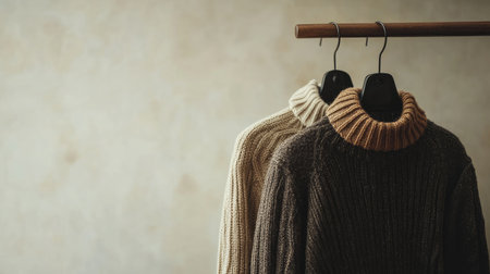 Two warm knit sweaters in neutral tones hanging on a wooden rack, embodying a cozy style perfect for cold seasons, ideal for showcasing autumn and winter fashion aesthetics.の素材