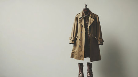 A chic beige trench coat elegantly suspended on a mannequin, complemented by stylish boots, presents a striking visual of timeless fashion against a simple backdrop.の素材