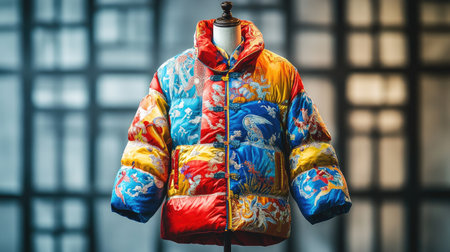 A unique quilted jacket featuring vibrant colors and artistic patterns, showcasing modern fashion design on a mannequin in a stylish studio environment.の素材
