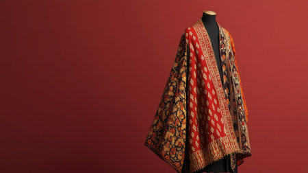 This stunning traditional garment drapes elegantly on a mannequin, set against a vibrant red background, emphasizing its intricate patterns and rich cultural heritage.の素材