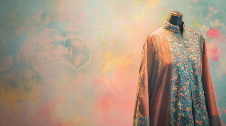This image features an elegant traditional garment presented on a mannequin, with intricate floral embroidery and a soft pastel background, ideal for fashion and design inspiration.の素材
