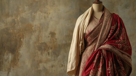 A stunning traditional Indian saree elegantly draped on a mannequin, set against a textured backdrop. The rich colors and intricate details highlight the beauty of cultural textile art.の素材