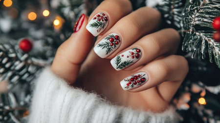 Beautiful winter-themed nail design featuring intricate holly and berry patterns against a white backdrop, perfect for festive celebrations and holiday gatherings.の素材