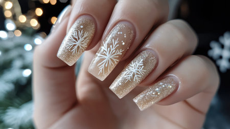 Beautifully designed winter nails feature intricate snowflake art and sparkling glitter on a beige background, perfect for holiday celebrations and festive gatherings.の素材