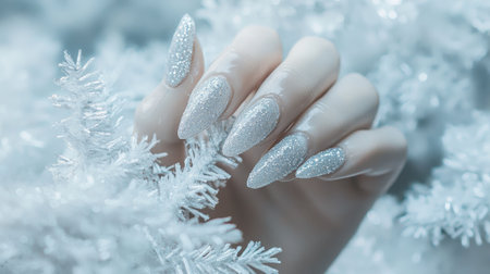 A close-up of a beautifully manicured hand with glittering silver nails, elegantly placed among frosty white textures, evoking a serene winter atmosphere perfect for seasonal celebrations.の素材