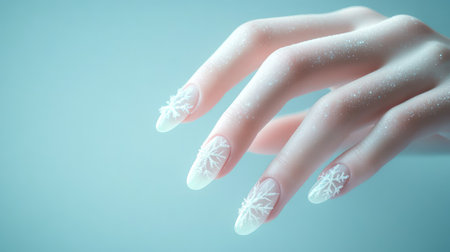 A close-up of a beautifully manicured hand featuring frosted nails with detailed snowflake patterns, set against a soft blue background, capturing a serene winter beauty aesthetic.の素材