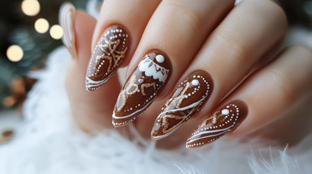 This stunning nail art features an elegant brown base adorned with intricate white designs, perfect for holiday celebrations and winter festivities.の素材