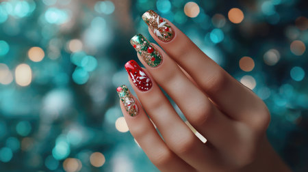 Stunning hand adorned with vibrant holiday nail art featuring sparkling glitter and festive patterns, perfect for capturing the spirit of the holiday season.の素材
