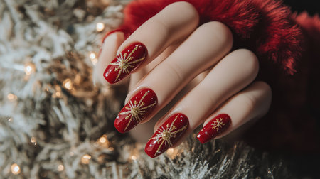 Delight in this stunning red nail art featuring gold snowflake designs, perfect for the holiday season and capturing the essence of festive cheer and winter elegance.の素材