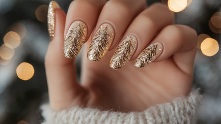 Close-up view of beautifully manicured gold glitter nails featuring intricate leaf designs, set against a soft and cozy background with blurred lights, perfect for beauty enthusiasts.の素材