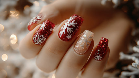Delight in this enchanting holiday nail art featuring a blend of sparkling red and white snowflakes, perfect for seasonal celebrations and winter festivities.の素材