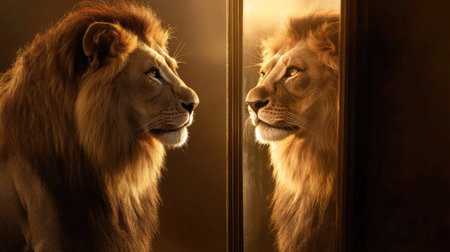 A captivating portrait of a lion gazing into a mirror, surrounded by a warm golden glow, showcasing the beauty and power of nature while evoking deep thoughts of self-reflection.の素材