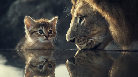 A touching moment unfolds as a curious kitten gazes up at a regal lion, capturing the essence of innocence and majesty reflected in the calm water nearby.の素材