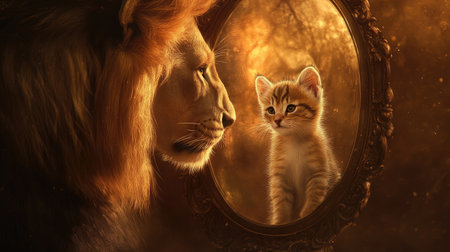 This enchanting image showcases a lion and a kitten, reflecting a deep bond between strength and innocence, inviting viewers to explore the beauty of nature and connection.の素材