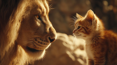 A stunning close-up captures a lion and a kitten sharing a magical moment, highlighting the beauty of their connection in a serene natural setting filled with warmth and emotion.の素材