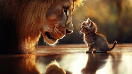 A captivating moment unfolds as a majestic lion gazes tenderly at a tiny kitten, illustrating a beautiful connection between power and innocence in nature.の素材