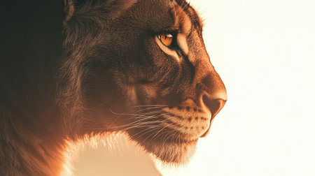 Stunning side profile of a lioness illuminated by warm golden light, highlighting her fierce gaze and soft fur, showcasing the beauty and elegance of wildlife in nature.の素材