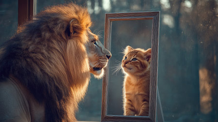 This captivating image depicts a lion and a kitten sharing a unique moment, showcasing an enchanting reflection of friendship and curiosity in a warm setting.の素材