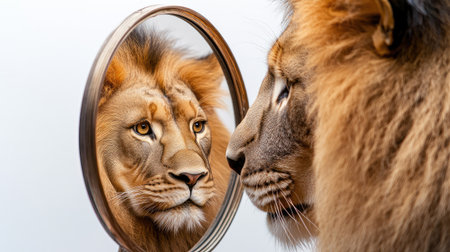 This striking image features a lion gazing intently into a mirror, embodying strength and pride, inviting deep reflection on nature's majesty and the beauty of the animal kingdom.の素材