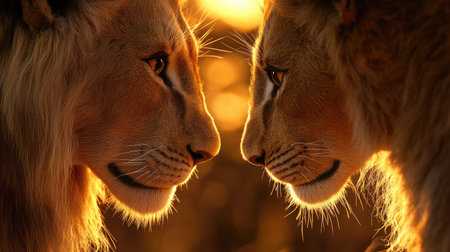 Two majestic lions share a stunning close-up moment at sunset, showcasing their beautiful features and warm color tones against a serene natural backdrop.の素材