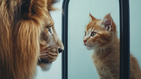 A captivating scene of a lion and a kitten facing each other, highlighting the contrasting features of wild and domestic animals, representing a beautiful connection in nature.の素材