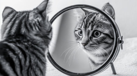 A black and white image of a cat gazing at its reflection in a round mirror, showcasing its curious expression and striped fur, creating a serene and thoughtful atmosphere.の素材