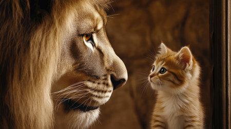 The captivating moment captures a lion and a kitten gazing into each other's eyes, showcasing an unexpected bond that highlights contrasting worlds in a heartwarming scene.の素材