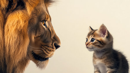 A majestic lion gazes at a playful kitten, showcasing the profound contrast between strength and vulnerability in the animal kingdom, evoking wonder and tenderness.の素材