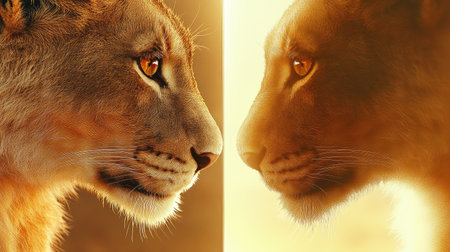 Stunning side-by-side portraits of lionesses showcasing their beauty and grace, highlighted by warm lighting that enhances their majestic features and expressive eyes.の素材