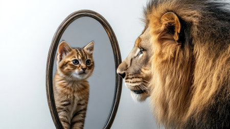 This captivating image showcases a house cat staring into a mirror, where its reflection reveals a lion, emphasizing the intriguing dynamics of domestic versus wild felines.の素材