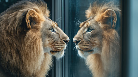 A stunning portrait of a lion staring into a reflective surface, exhibiting its powerful features and expressive eyes, capturing a moment of tranquility and natural beauty.の素材