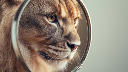 A stunning close-up of a lion's face viewed through a circular frame, showcasing the animals beauty and strength, inviting viewers into the wilds captivating elegance.の素材