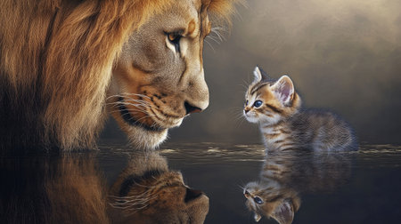A captivating scene of a lion and a kitten gazing at each other, beautifully mirrored in calm waters, highlighting the unexpected connection between different species.の素材