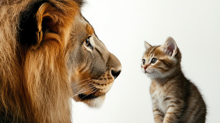 A stunning visual contrast between a grand lion and a small kitten emphasizes the beauty and diversity of feline species, highlighting their unique features and expressions.の素材