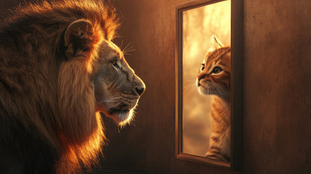 This breathtaking image depicts a majestic lion gazing at a curious cat in a mirror, beautifully highlighting the contrast between wild strength and domestic innocence.の素材