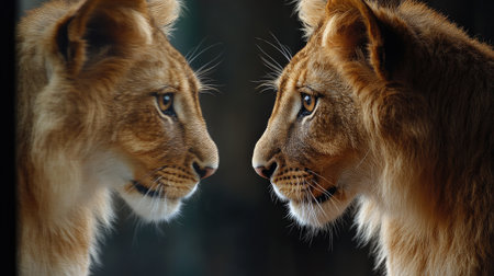 Two young lions engage in an intense stare while showcasing their striking features and fur texture in a captivating and dramatic light setting.の素材