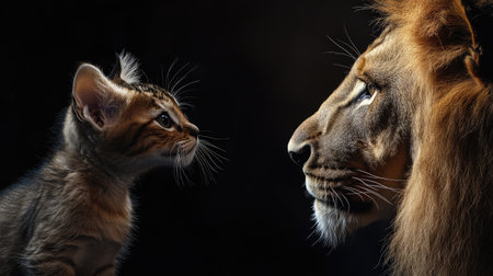 This enchanting image captures an intimate moment between a lion and a kitten, highlighting their distinct features and the bridge between wild and domestic life.の素材