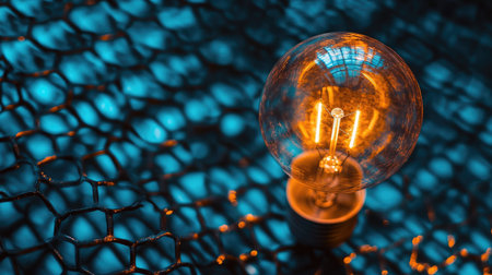 A vintage light bulb casts a warm glow against a striking honeycomb pattern in blue and orange, creating an eye-catching visual perfect for artistic and decorative use.の素材