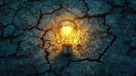 A vibrant light bulb shines against a cracked earth background, representing innovation and hope amid environmental challenges, emphasizing creativity in fragile ecosystems.の素材