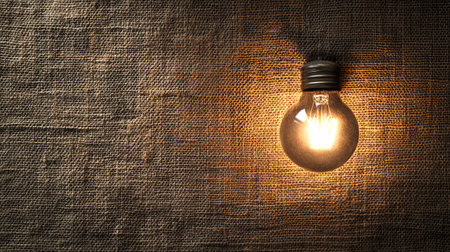 A glowing light bulb hangs over a rustic burlap background, providing a touch of elegance and warmth. Perfect for creative designs and artistic projects.の素材