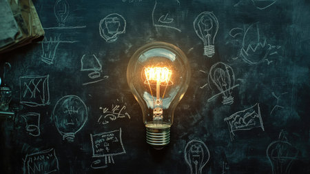 A vintage light bulb glows warmly against a chalkboard filled with creative sketches and doodles, showcasing the essence of innovation and inspiration in design and ideas.の素材