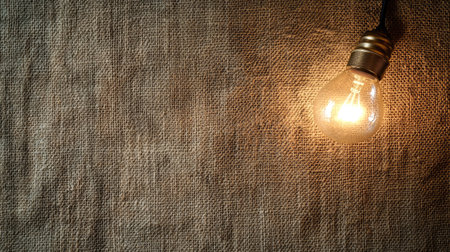 A vintage light bulb emits a warm glow, hanging against a textured fabric background, creating a cozy and inviting atmosphere perfect for interior design ideas.の素材
