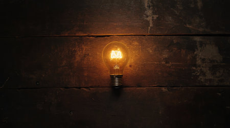 This captivating image showcases a vintage light bulb glowing warmly against a rustic wooden background, perfect for evoking cozy feelings and creative inspirations.の素材