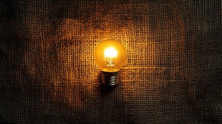 This image showcases a vintage light bulb emitting a warm glow, set against a rustic burlap background, ideal for creating a cozy ambiance in interior design projects.の素材