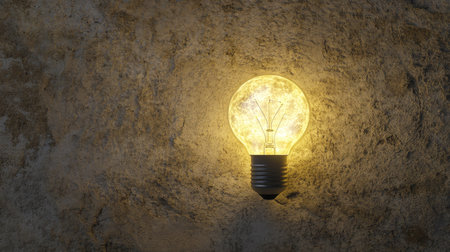 A vintage light bulb emits a soft glow against a textured wall, creating a warm and inviting atmosphere perfect for home decor and lighting ideas.の素材