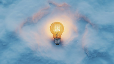A vintage light bulb casts a warm glow in a serene snowy landscape, blending nature's beauty with a touch of artistry, perfect for winter-themed projects or creative inspiration.の素材