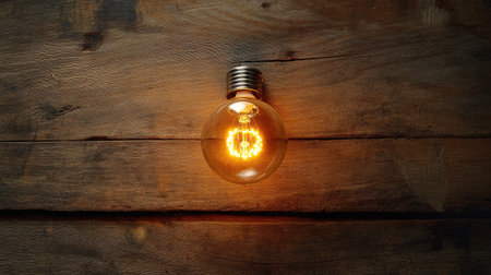 A vintage light bulb illuminates a warm glow against a rustic wooden background, perfect for creating a cozy atmosphere in home decor and design projects.の素材